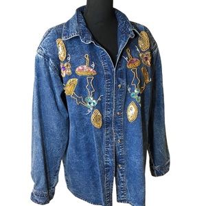 Vintage acid-wash beaded sequin embellished long sleeve denim shirt shac…